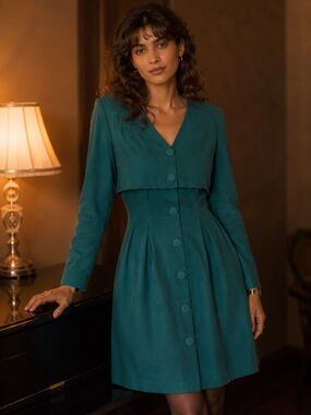 Vintage Brioche California Teal Dress Attached Bolero Jacket Size 7/8